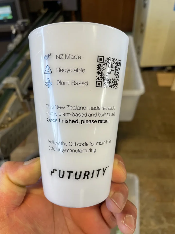 Futurity reusable cup printed with a QR code and recycling notes