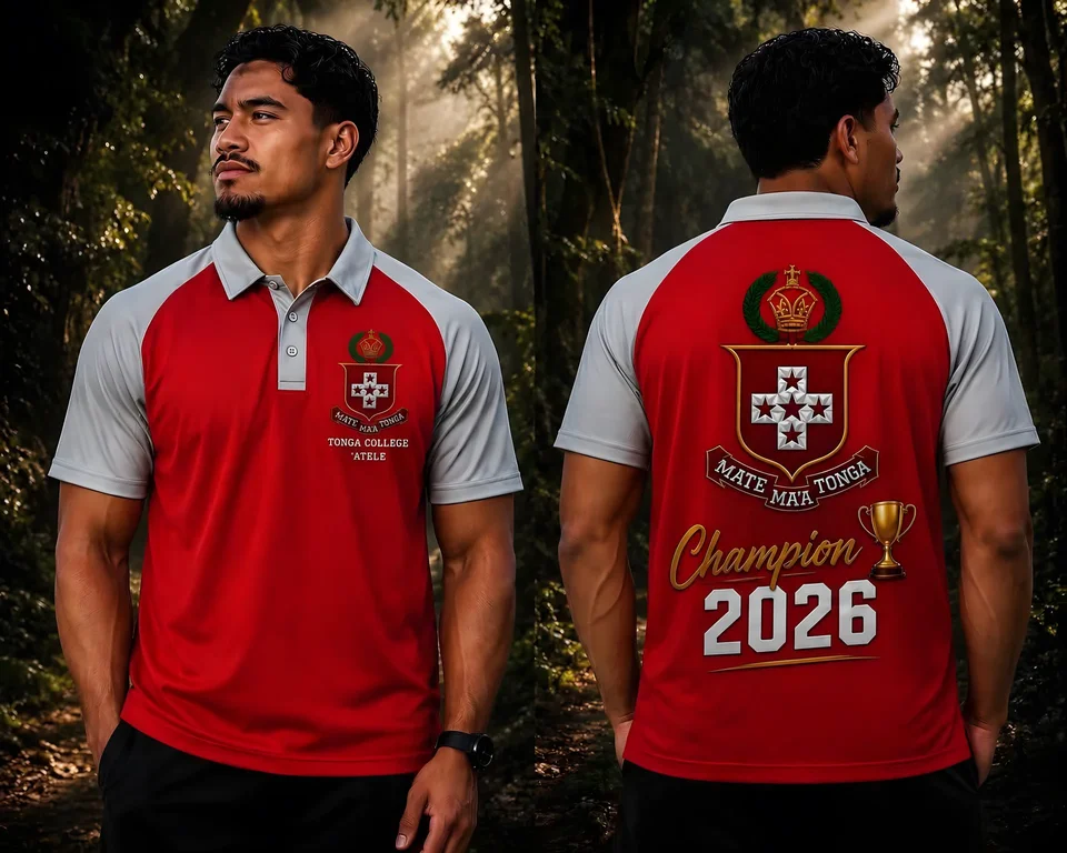 Front and back of a red Mate Maʻa Tonga Champion 2026 polo