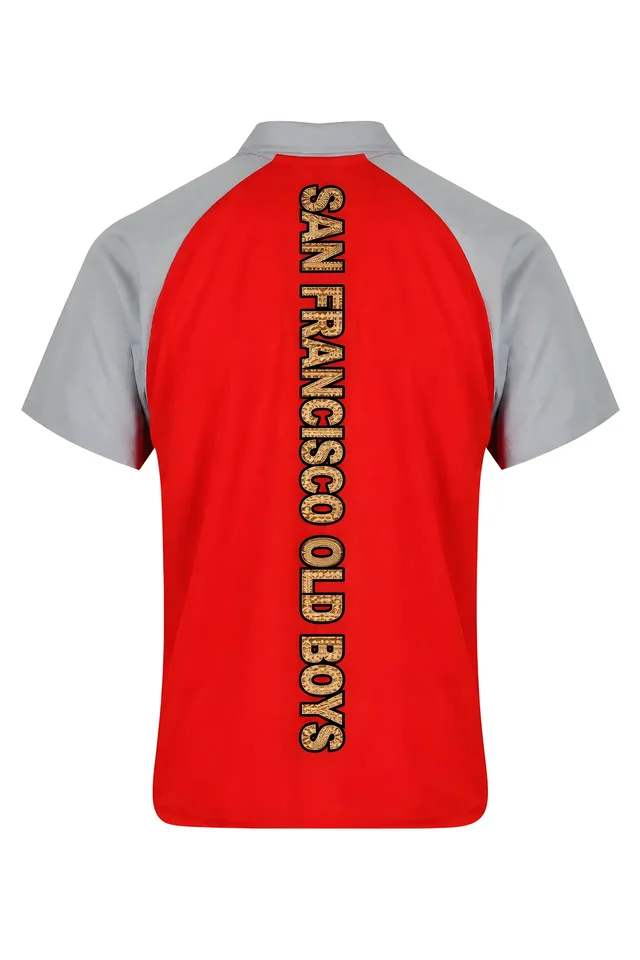 Back of a red polo printed San Francisco Old Boys down the spine