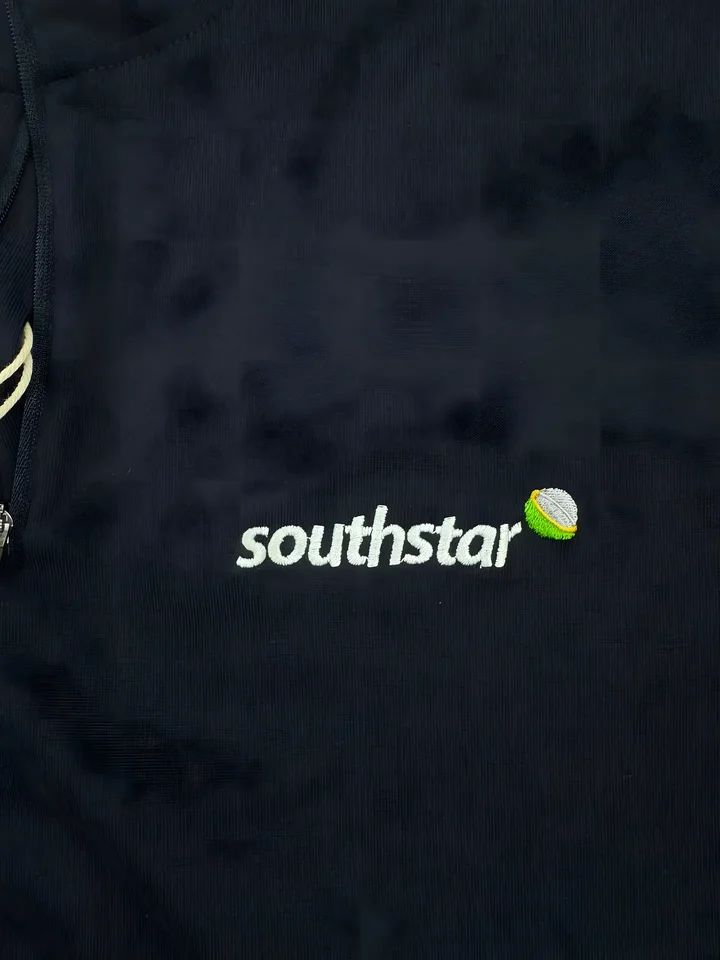 Southstar logo printed on a black tee, close up